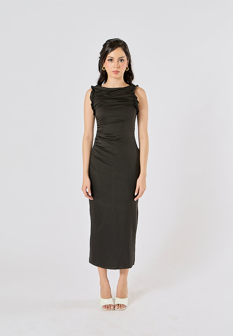 Corrine Black Crew Neck Pleated Sleeveless Back slit Midi Dress