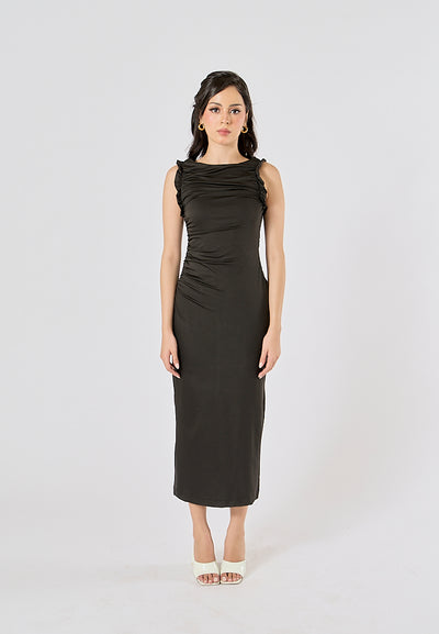 Corrine Black Crew Neck Pleated Sleeveless Back slit Midi Dress