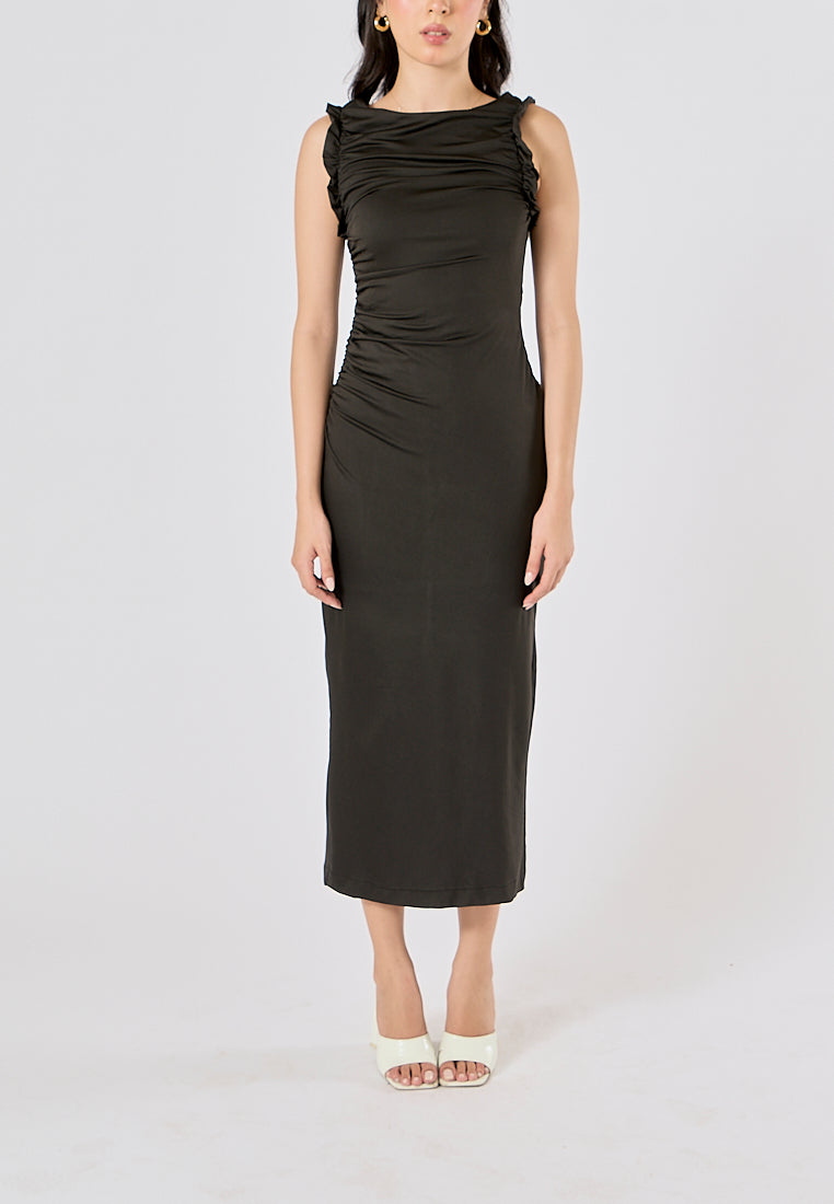 Corrine Black Crew Neck Pleated Sleeveless Back slit Midi Dress