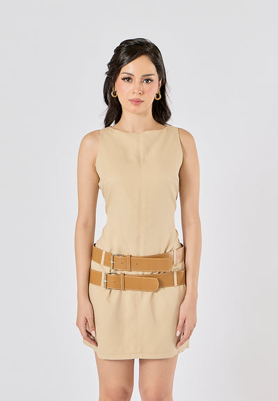 Athens Crew Neck Khaki Sashes  Midi Dress