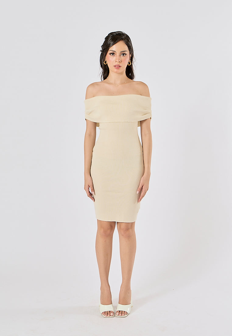 Amadea Beige Slash Neck Sleeveless Knit Mini Dress