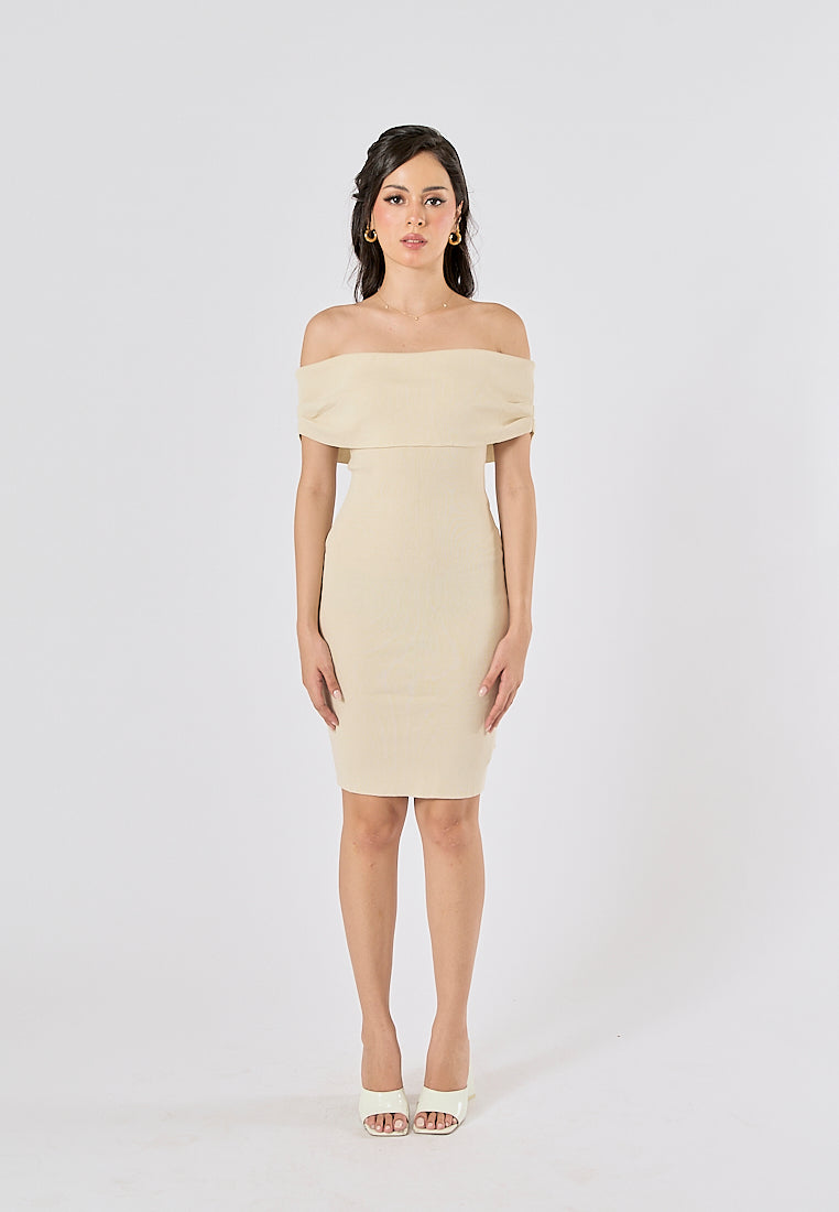 Amadea Beige Slash Neck Sleeveless Knit Mini Dress