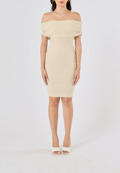 Amadea Beige Slash Neck Sleeveless Knit Mini Dress