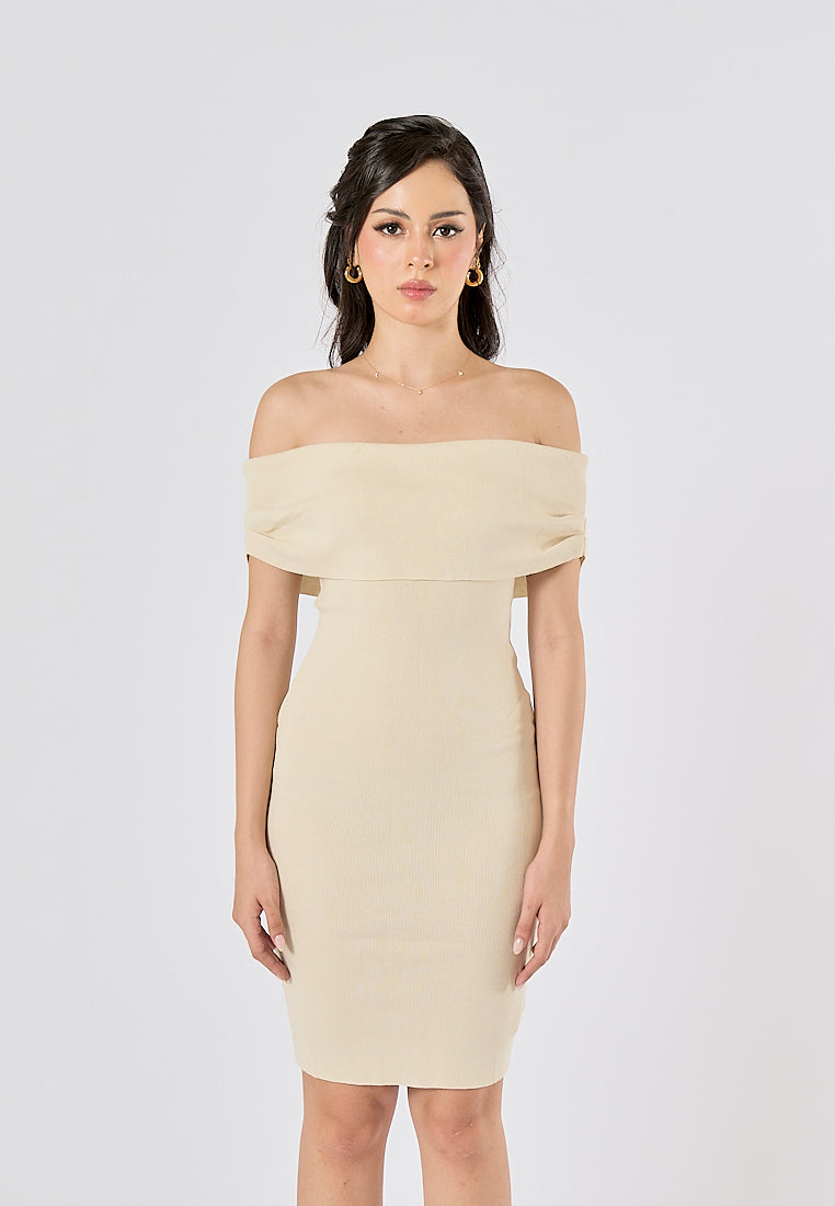 Amadea Beige Slash Neck Sleeveless Knit Mini Dress