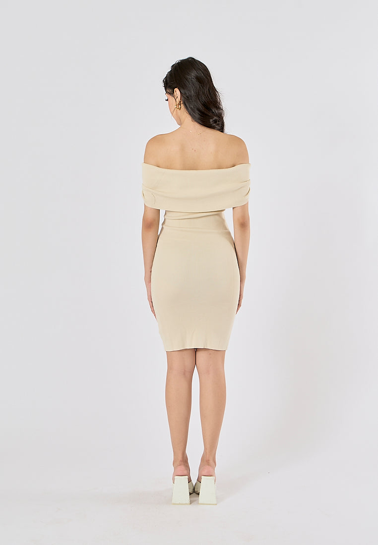 Amadea Beige Slash Neck Sleeveless Knit Mini Dress