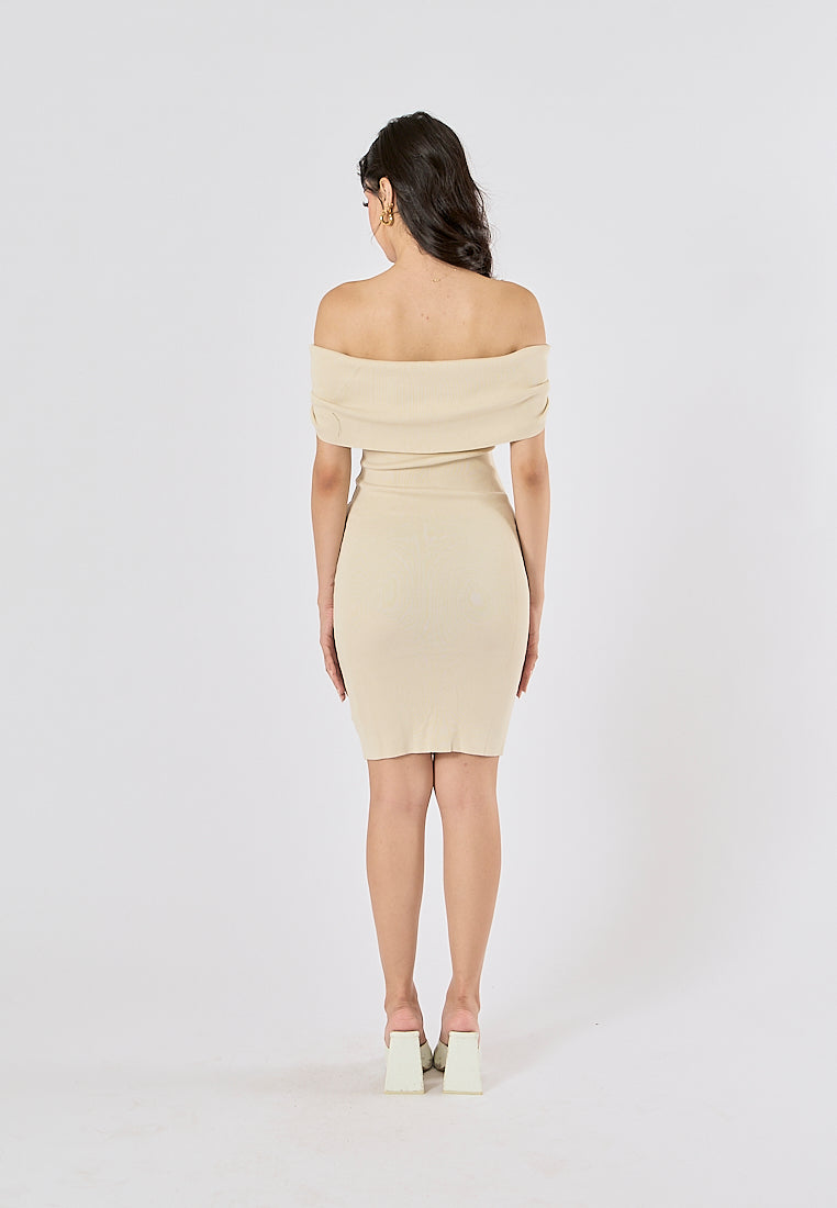 Amadea Beige Slash Neck Sleeveless Knit Mini Dress