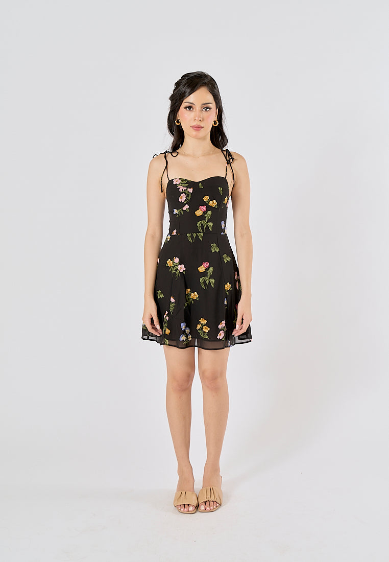 Adelita Black Floral All Over Print Sleeveless Self Tie Mini Dress