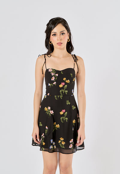 Adelita Black Floral All Over Print Sleeveless Self Tie Mini Dress