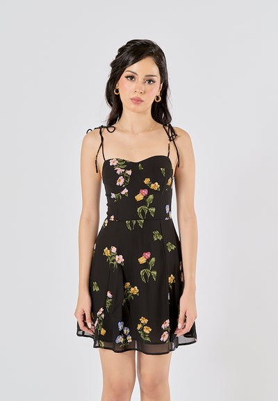 Adelita Black Floral All Over Print Sleeveless Self Tie Mini Dress