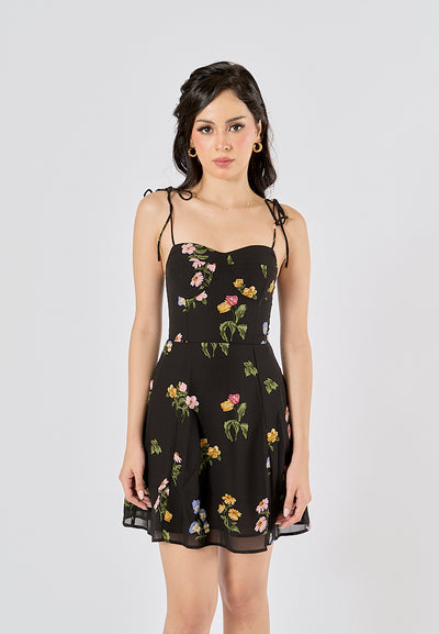 Adelita Black Floral All Over Print Sleeveless Self Tie Mini Dress