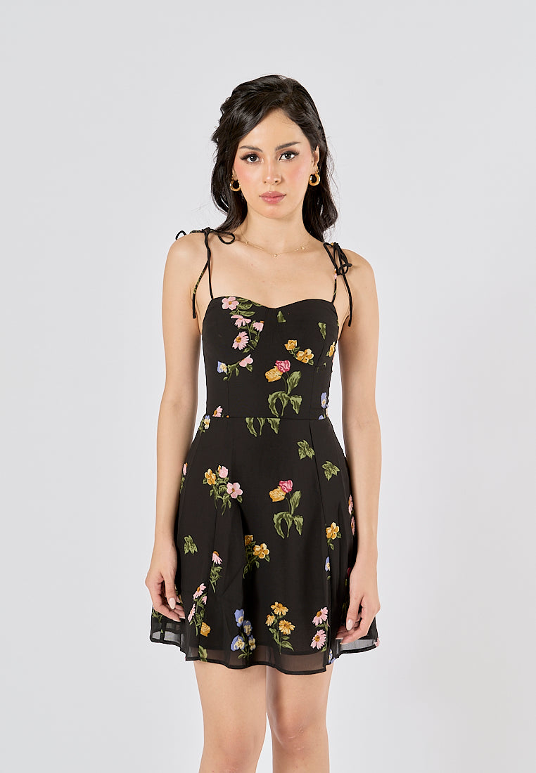 Adelita Black Floral All Over Print Sleeveless Self Tie Mini Dress