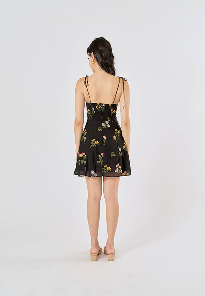 Adelita Black Floral All Over Print Sleeveless Self Tie Mini Dress