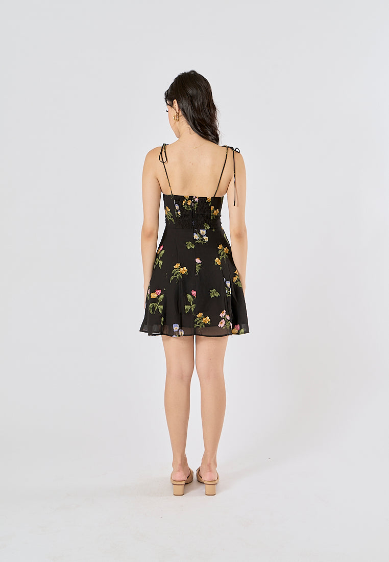 Adelita Black Floral All Over Print Sleeveless Self Tie Mini Dress