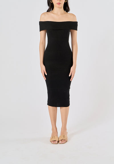 Yzakei Black Folded Neckline Knitted Tube Midi Dress