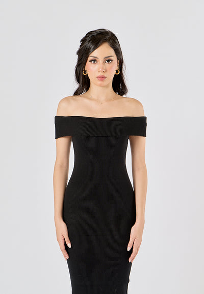 Yzakei Black Folded Neckline Knitted Tube Midi Dress