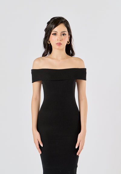 Yzakei Black Folded Neckline Knitted Tube Midi Dress