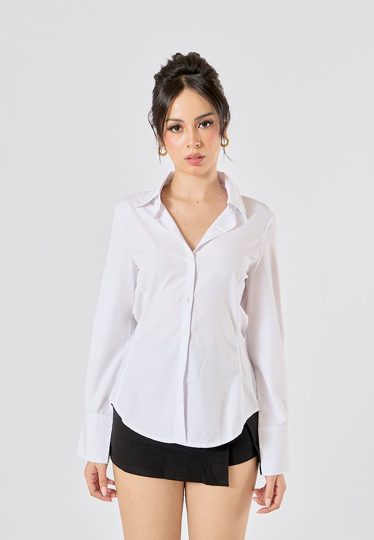 Newton White Buttons up Turn Down Collar Long Sleeve Tops