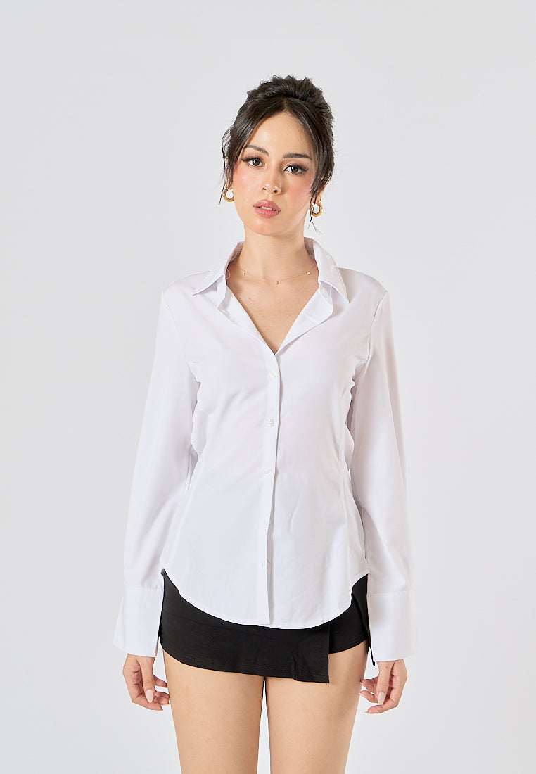 Newton White Buttons up Turn Down Collar Long Sleeve Tops