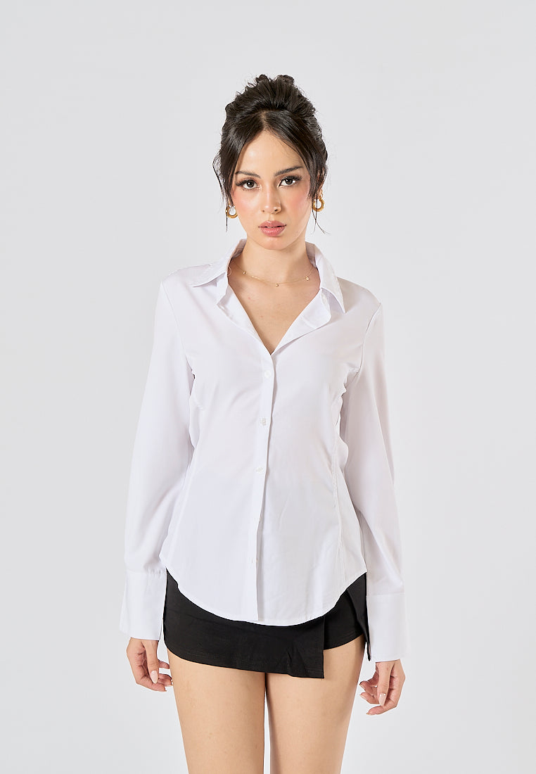 Newton White Buttons up Turn Down Collar Long Sleeve Tops