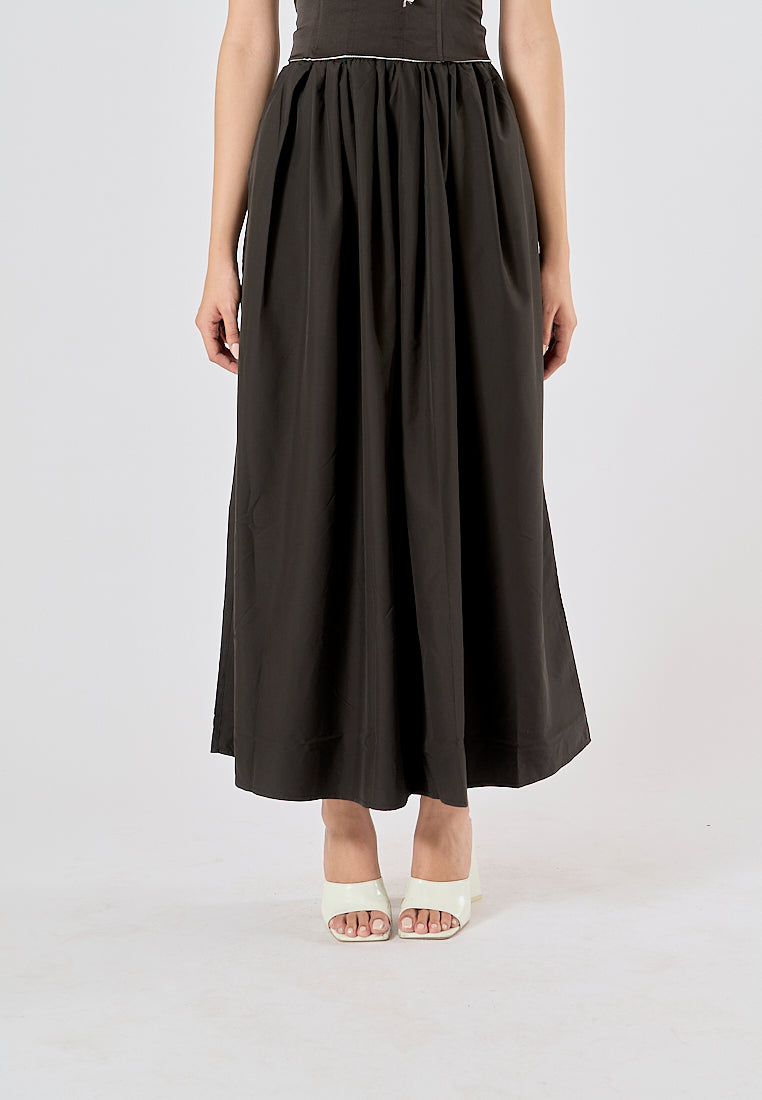 Agora Black Elastic Waist Pleated Fashion Long Skirt