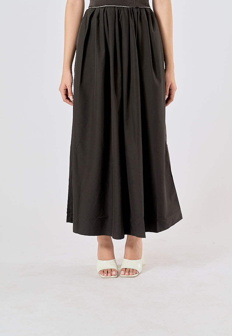 Agora Black Elastic Waist Pleated Fashion Long Skirt