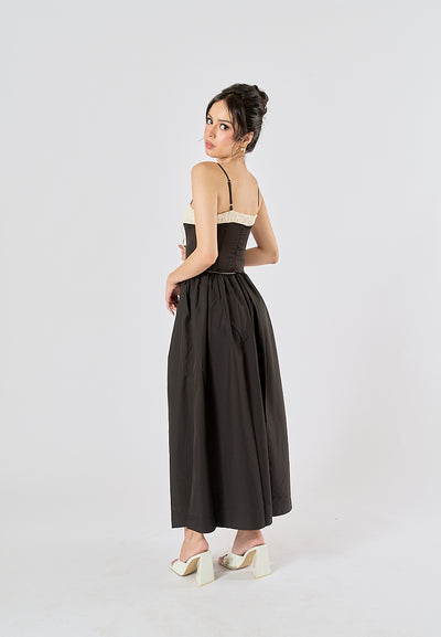 Agora Black Elastic Waist Pleated Fashion Long Skirt