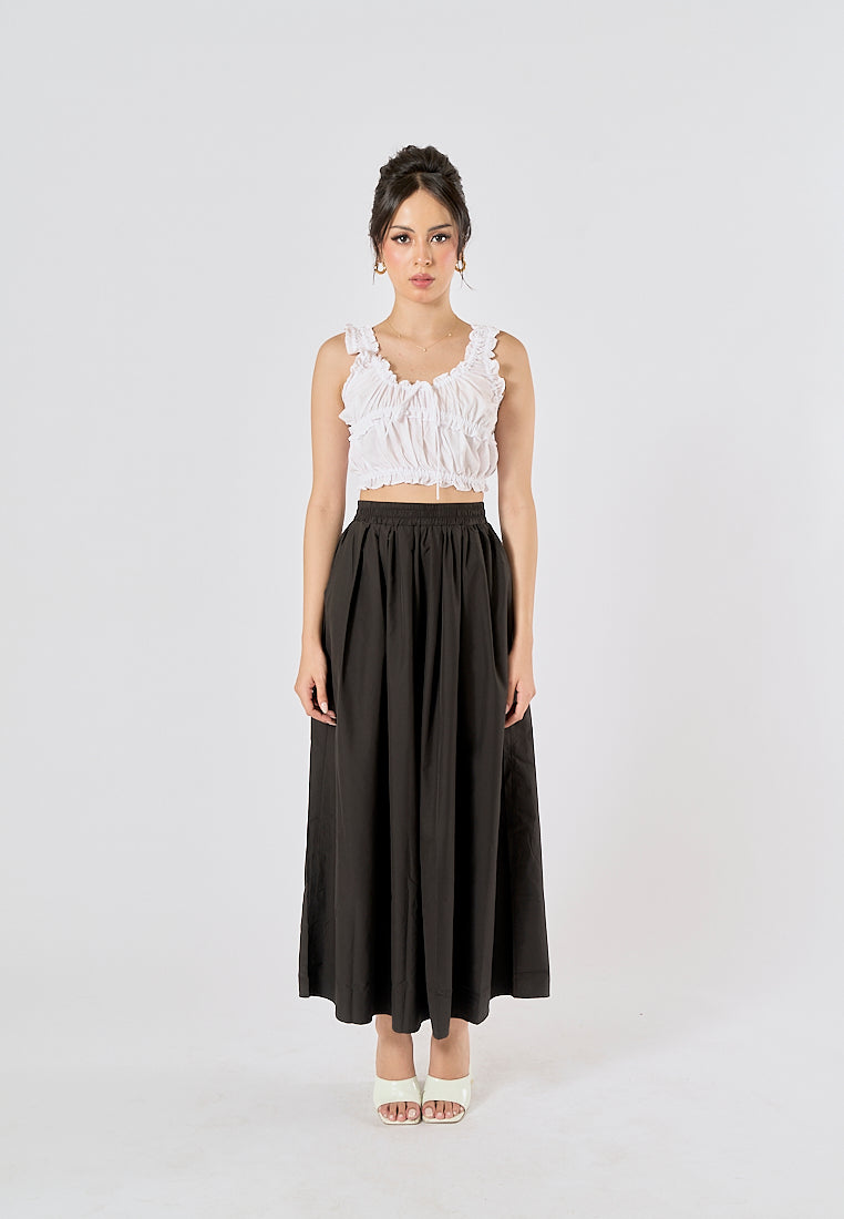 Agora Black Elastic Waist Pleated Fashion Long Skirt