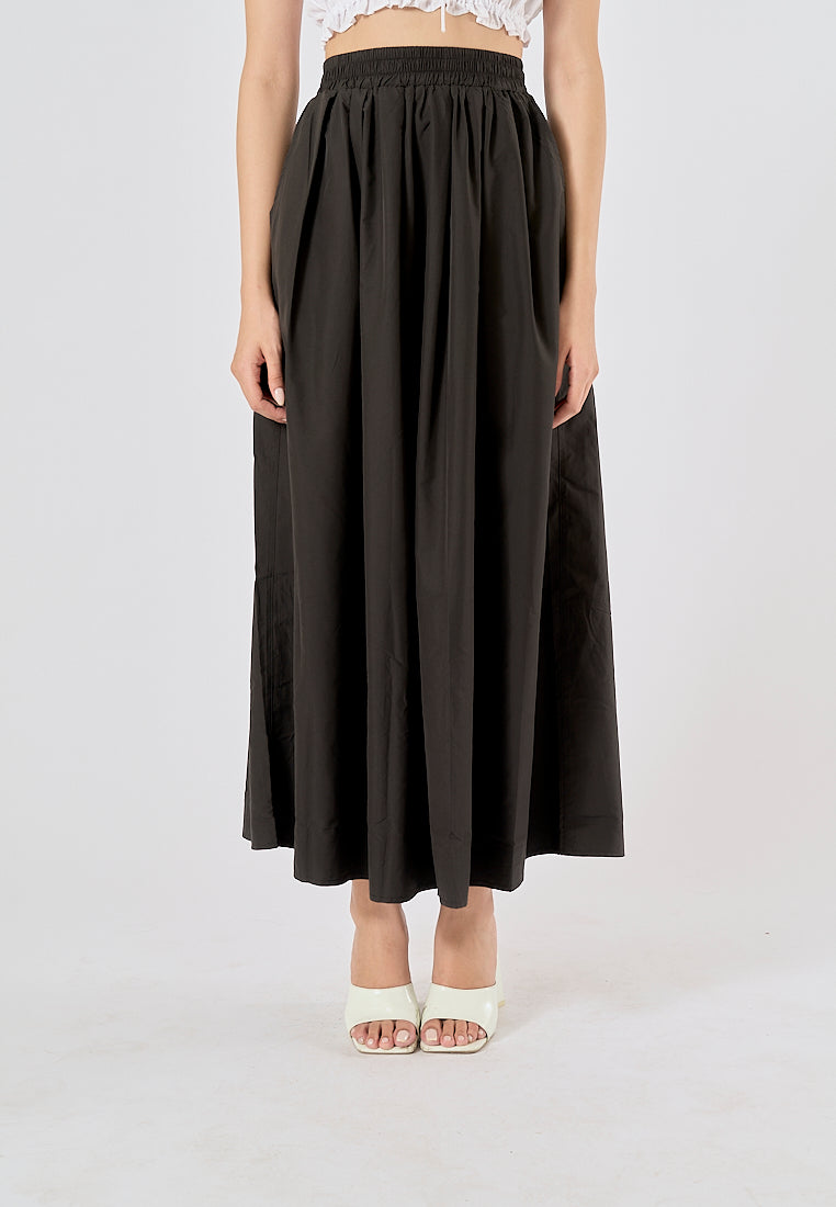 Agora Black Elastic Waist Pleated Fashion Long Skirt