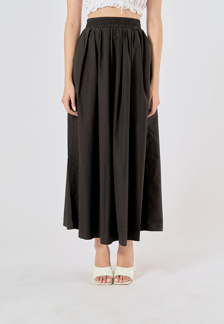 Agora Black Elastic Waist Pleated Fashion Long Skirt