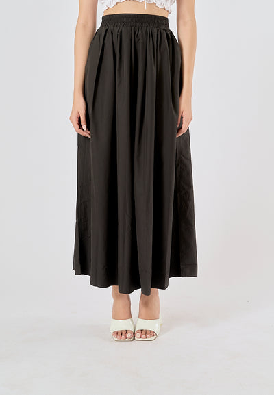 Agora Black Elastic Waist Pleated Fashion Long Skirt