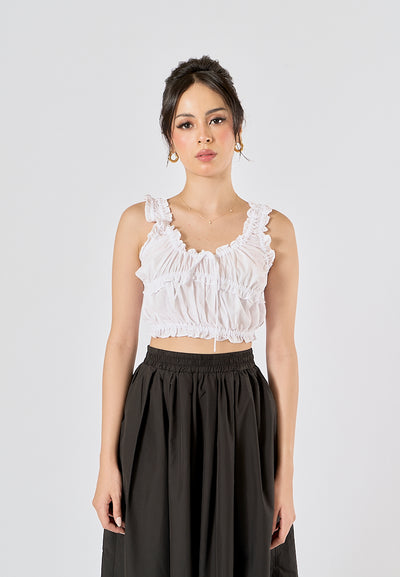 Blythe White Front lace up Thin strap pleated Tank Top