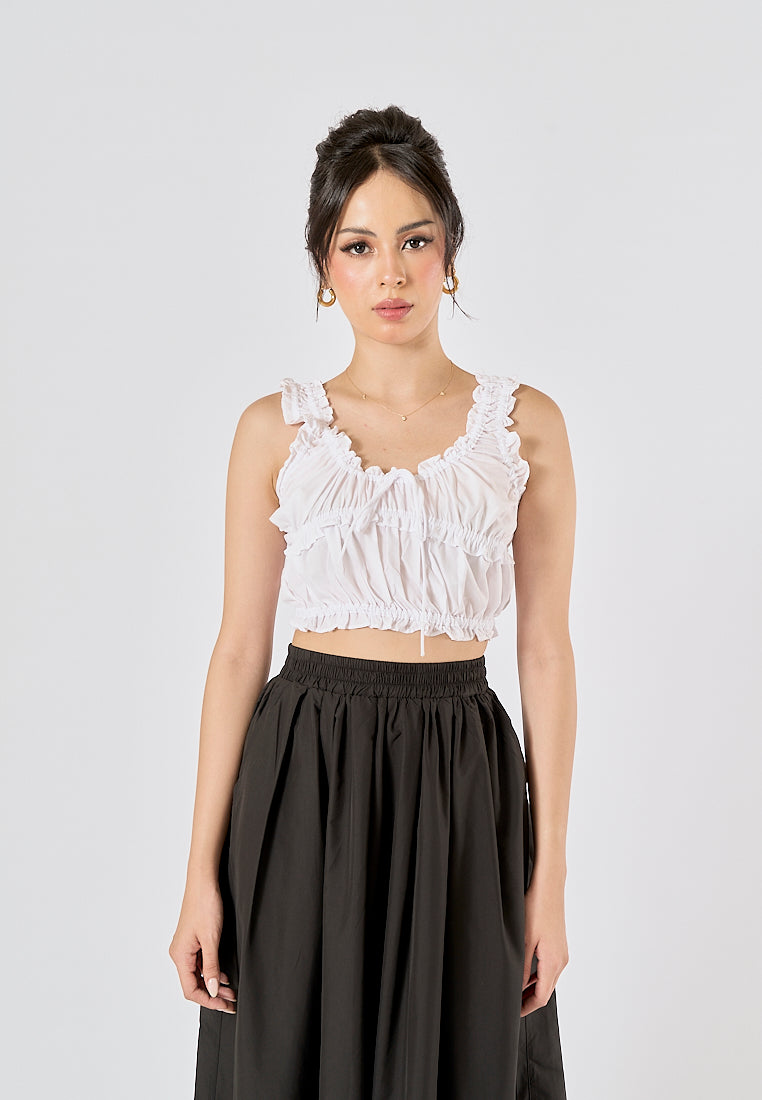 Blythe White Front lace up Thin strap pleated Tank Top