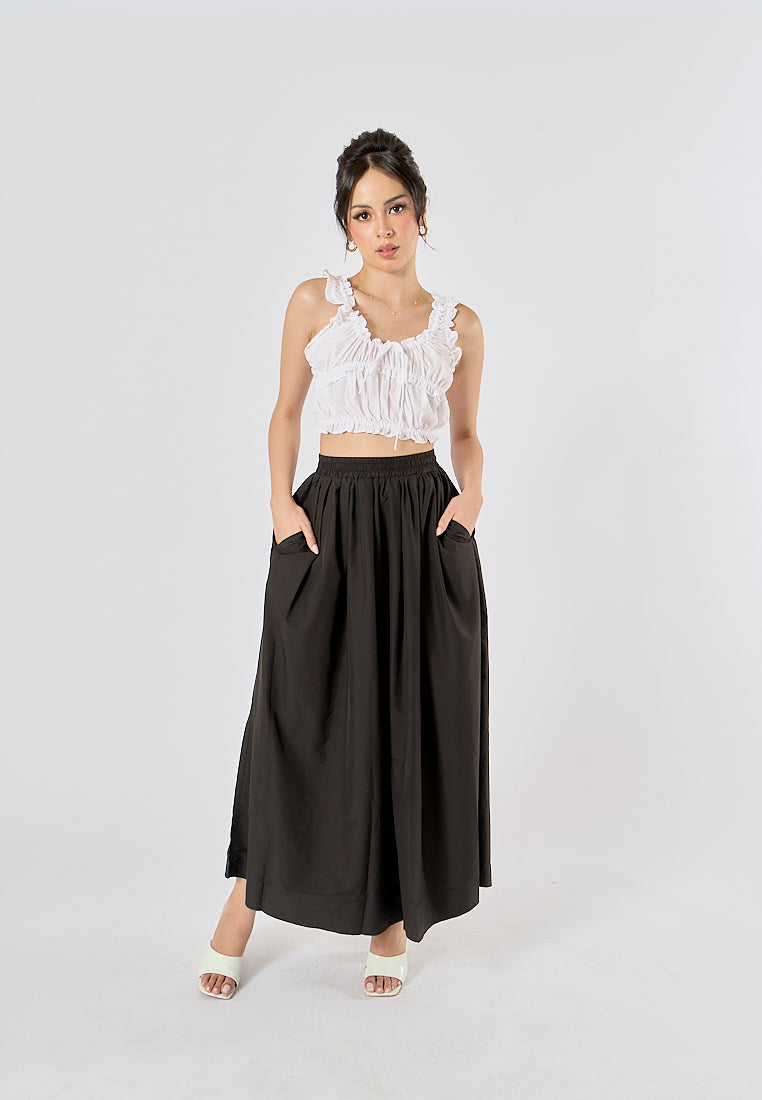 Agora Black Elastic Waist Pleated Fashion Long Skirt