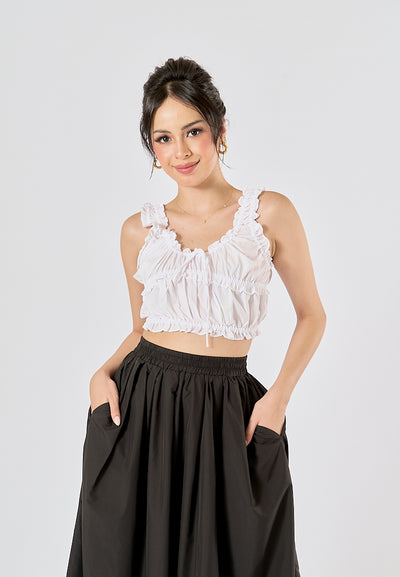 Blythe White Front lace up Thin strap pleated Tank Top