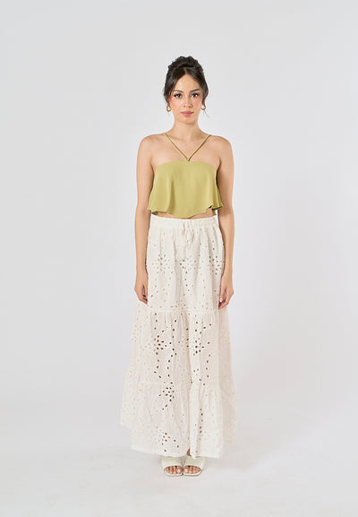 Avena Beige Drawstring Waist Embroidery Eyelet Long Skirt