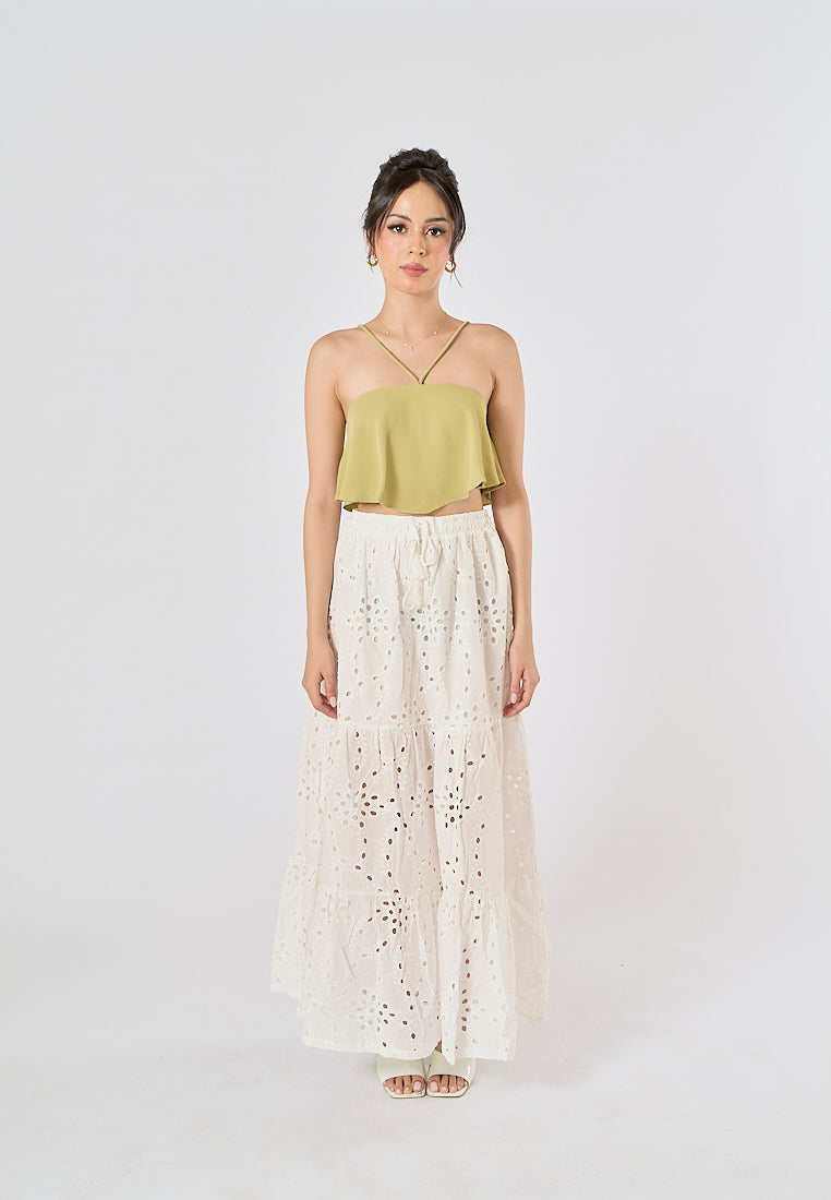 Avena Beige Drawstring Waist Embroidery Eyelet Long Skirt