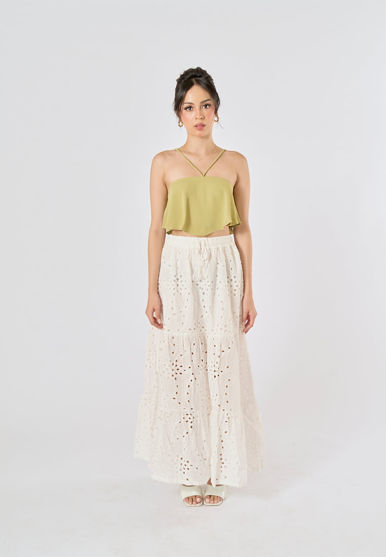 Avena Beige Drawstring Waist Embroidery Eyelet Long Skirt