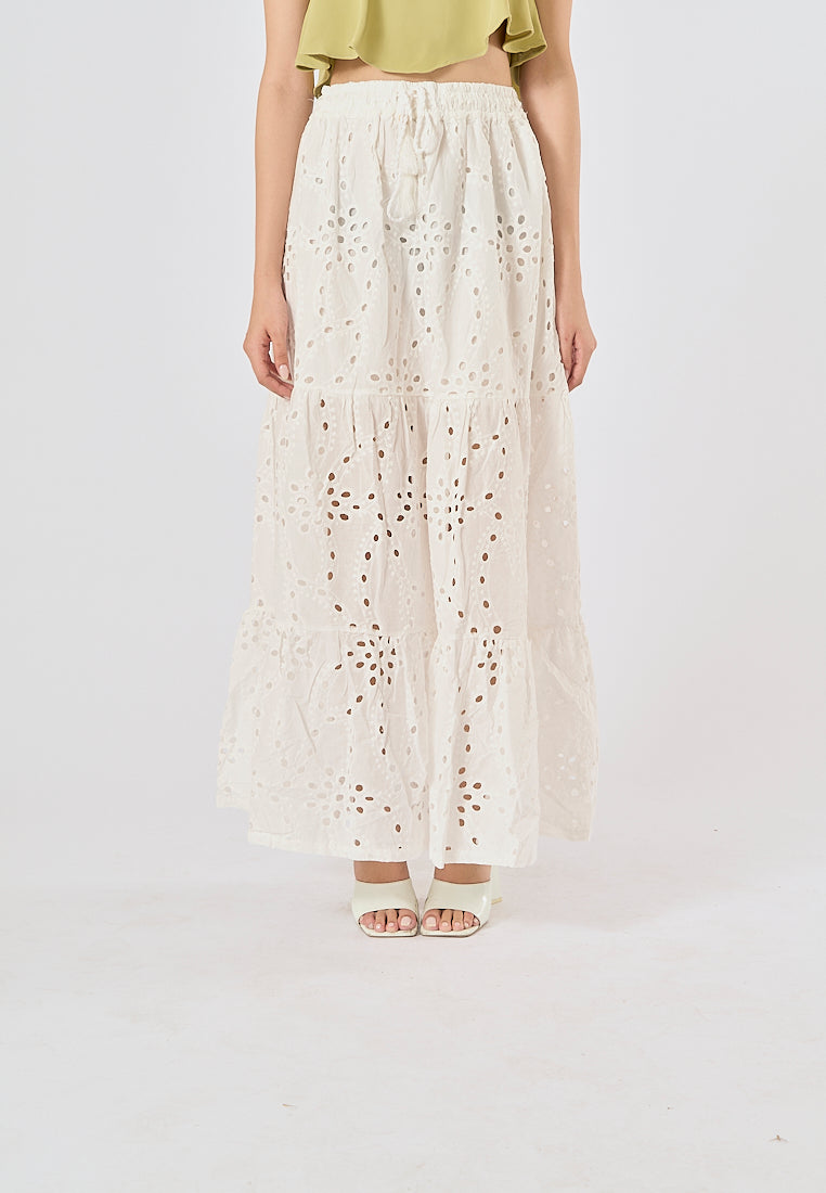 Avena Beige Drawstring Waist Embroidery Eyelet Long Skirt