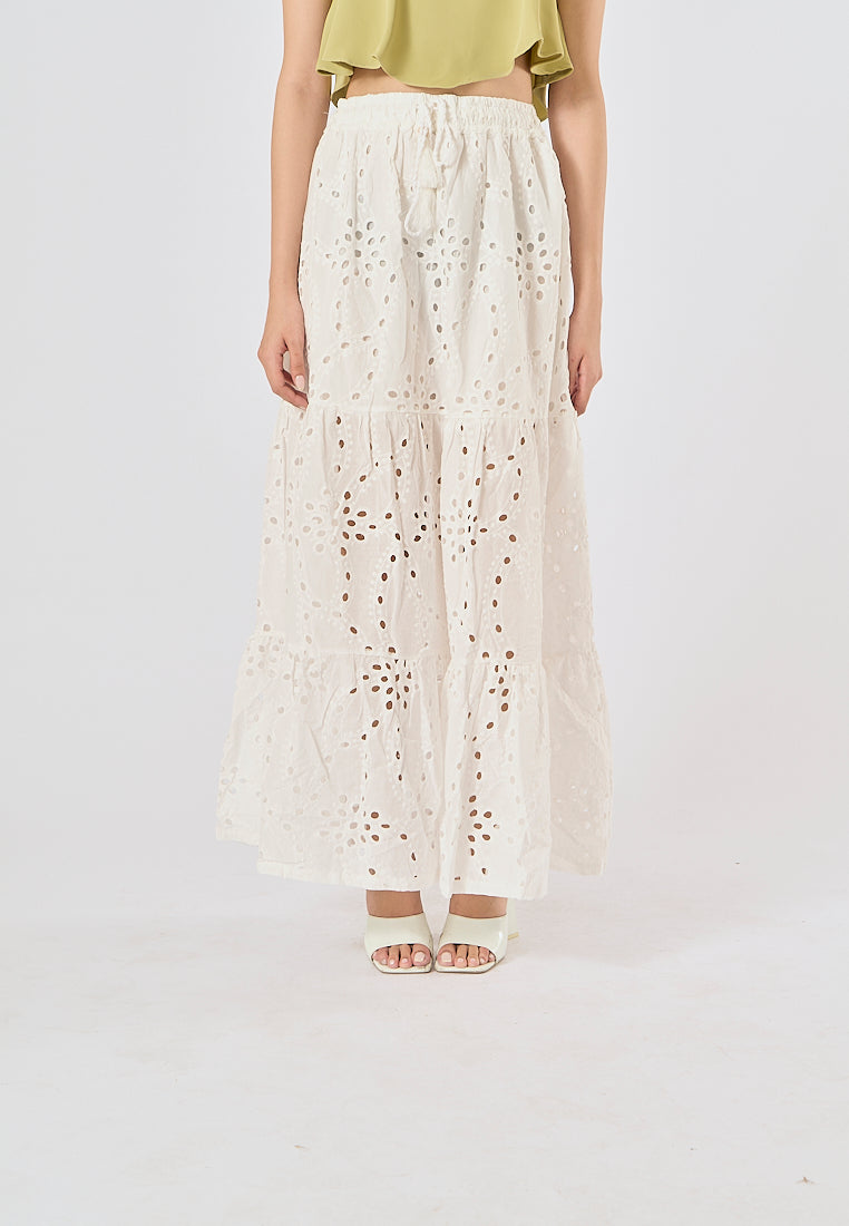 Avena Beige Drawstring Waist Embroidery Eyelet Long Skirt