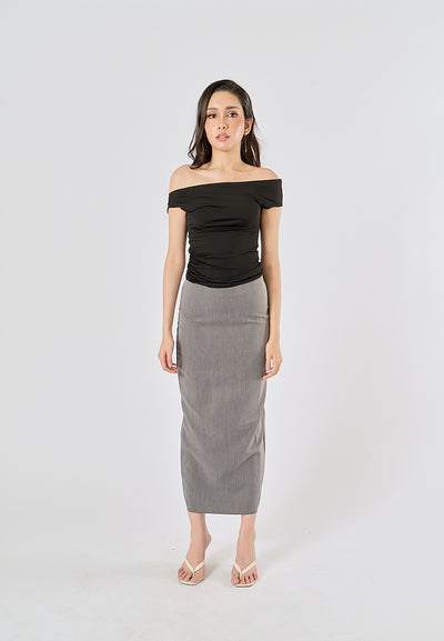 Anette Gray Back Slit Zipper Fly Casual Long Pencil Skirt