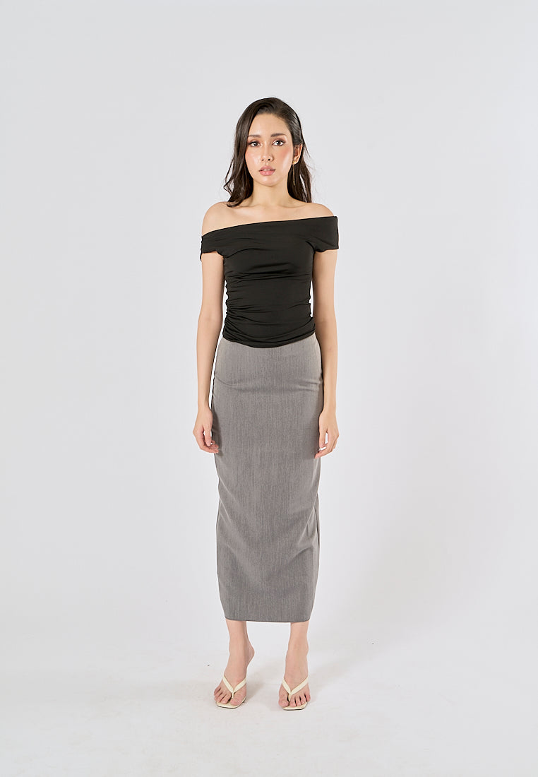 Anette Gray Back Slit Zipper Fly Casual Long Pencil Skirt