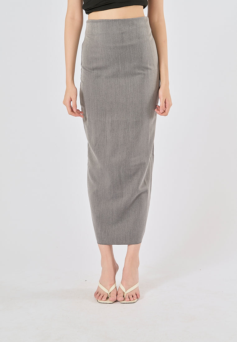 Anette Gray Back Slit Zipper Fly Casual Long Pencil Skirt