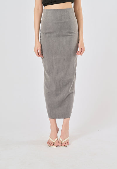 Anette Gray Back Slit Zipper Fly Casual Long Pencil Skirt