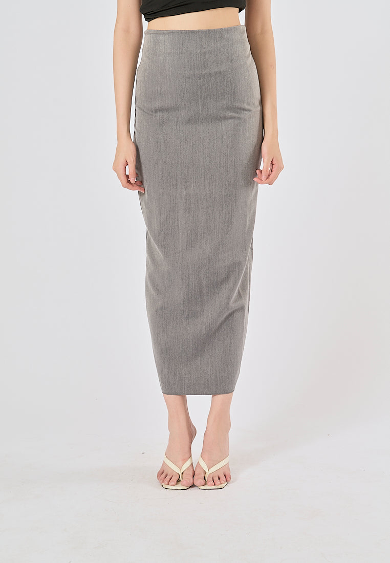 Anette Gray Back Slit Zipper Fly Casual Long Pencil Skirt