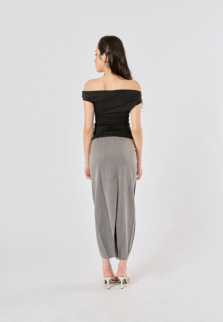 Anette Gray Back Slit Zipper Fly Casual Long Pencil Skirt