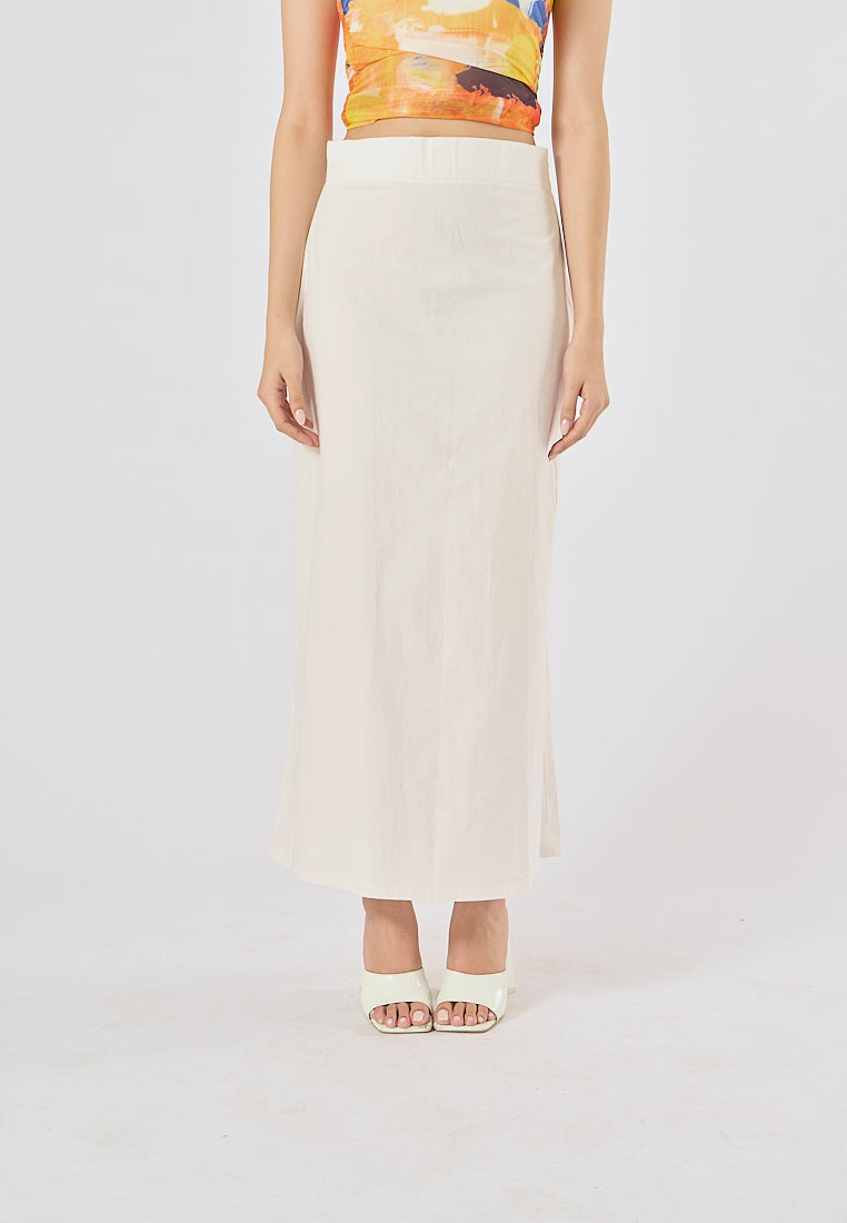 Sanity Beige Latte Satin Elastic Waist A-Line Maxi Skirt