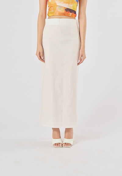 Sanity Beige Latte Satin Elastic Waist A-Line Maxi Skirt