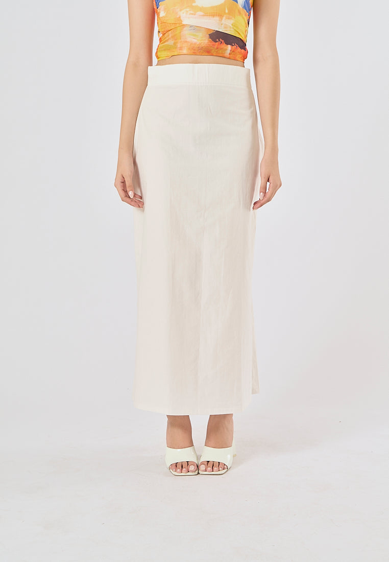 Sanity Beige Latte Satin Elastic Waist A-Line Maxi Skirt