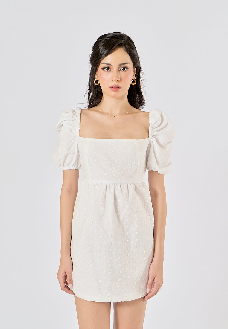 Araceli White Eyelet Puff Sleeves Mini Dress