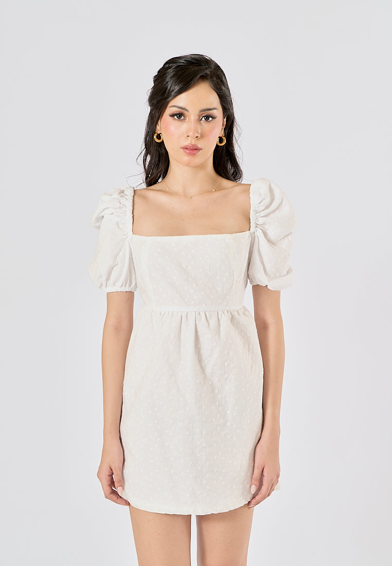 Araceli White Eyelet Puff Sleeves Mini Dress